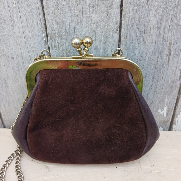 Vintage Brown Leather Gold Kiss Lock  Purse With Silver Chain Mini - Picture 3 of 10